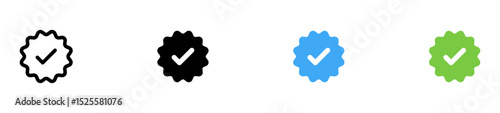 Verified badge icon set featuring check marks and verification, approval, and quality, or social media identity. checkmark badges in black, blue, and green colors