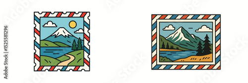 Colorful stamps depicting mountains and lakes with sunny skies showcasing nature's beauty
