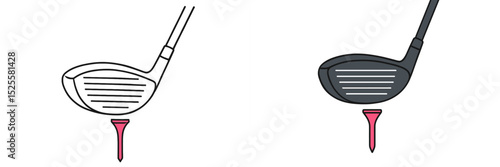 Comparison of golf clubs highlighting different designs and colors of drivers with a tee on the ground