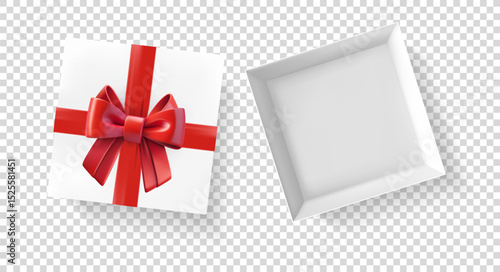 White gift box with red ribbon and bow. 3D vector elements isolated on transparent background