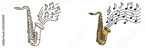 Illustration of two saxophones with musical notes flowing in a vibrant scene for a jazz celebration