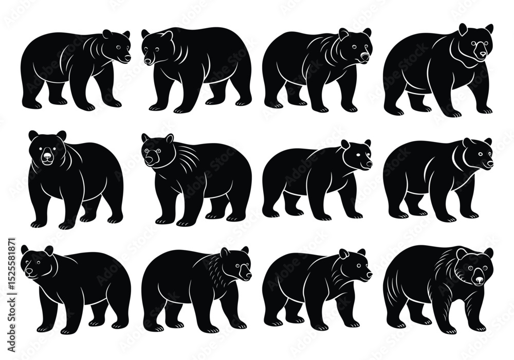 Obraz premium Bear vector silhouette set, Grizzly bear or polar bear silhouette flat vector, animal silhouette