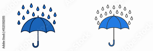 Blue umbrella under rain with water droplets falling, symbolizing protection from bad weather