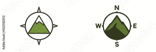 Mountain compass designs featuring green peaks with cardinal directions in a minimalist style
