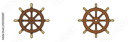 Two distinct drawings of ship wheels showcasing different styles and designs for nautical decoration and themes