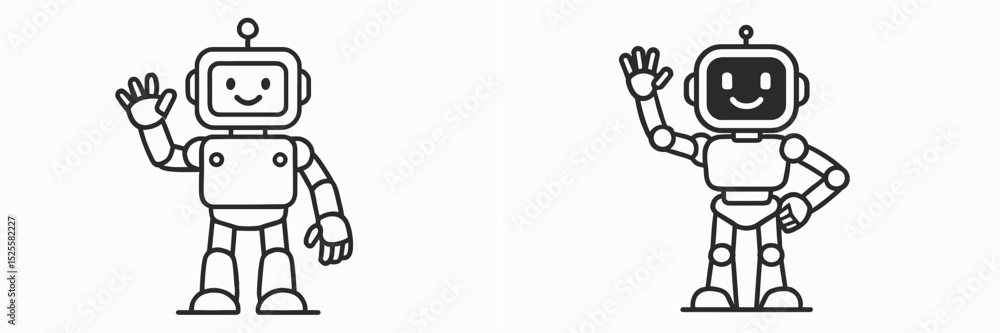 Friendly robots waving in a simple, minimalist style showcasing approachable designs at a creative workshop Friendly robots waving in a simple, minimalist style showcasing approachable designs at a creative workshop