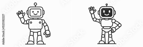 Friendly robots waving in a simple, minimalist style showcasing approachable designs at a creative workshop