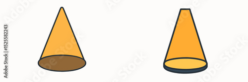 Different views of a cone showcasing side and top perspectives in a simple and clear design with a flat base