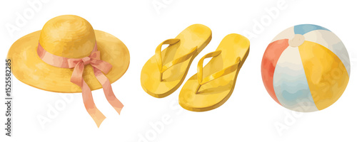 Watercolor icons of beach hat, flip flops, and striped beach ball for summer and holiday themes