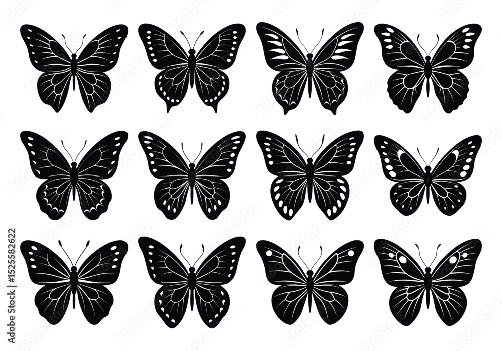 Fototapeta premium Flying butterflies silhouette black set isolated on transparent background