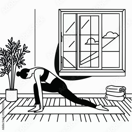 Minimalist line art of a woman practicing yoga in a spacious room with a view 