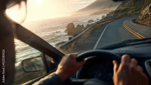 Wallpaper Mural Man driving a car on a scenic road with ocean and mountains at sunset. Perfect travel, freedom, and nature concept for commercial use.

 Torontodigital.ca