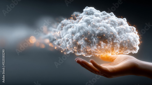 Cloud Computing: Businessman hands hold global cloud computing technology, scalability, flexibility, storage, collaboration, security, data accessibility, cost-effectiveness.