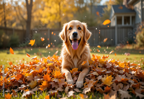 Fototapeta Naklejka Na Ścianę i Meble -  Golden Retriever Playing in Autumn Leaves on Sunny Fall Day golden dog playing cute dog in leaves background first day of fall