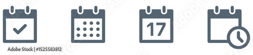 Flat calendar icon set with date, time, event, reminder symbols and checkmark icon. date (17), and clock, ideal for scheduling, planning, task and time management