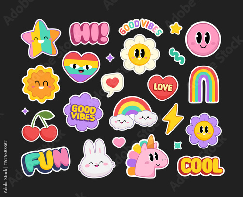 Cute Stickers Collections with Pony Unicorn and funny Cat Unicorn. Cool Y2k stickers set of rainbow cartoon signs and Kawaii emoticons for pins and patch design. 90s style funny cartoon icons (set 2)