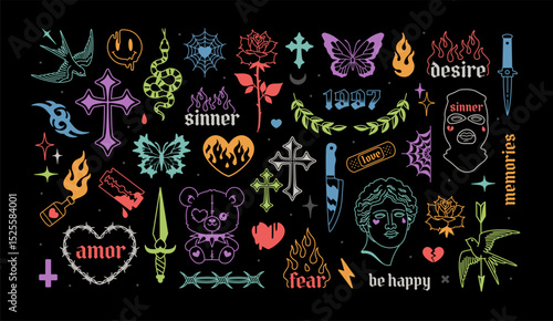 Colorful Gothic Tattoo Art and Y2k Fashion elements set in 2000s style. Y2k Gothic tattoo pattern elements  - vector collection. Gothic Cross, heart, butterfly, love, etc. Opium style fashion elements