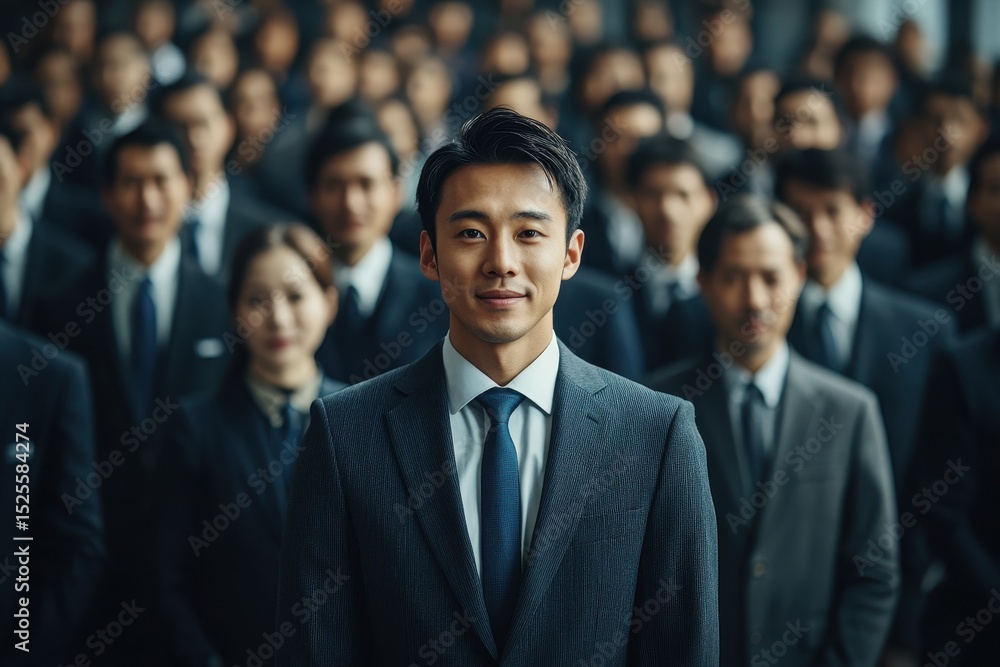 Confident asian businessman stands out from a crowd of business professionals in dark suits, exhibiting strong leadership and career success Confident asian businessman stands out from a crowd of business professionals in dark suits, exhibiting strong leadership and career success