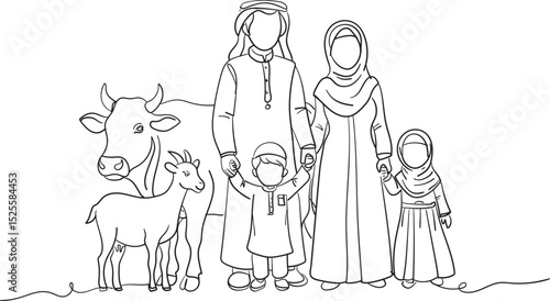 Cattle line drawing. cow, goat, sheep and camel. Eid al-Adha concept, the celebration of Muslim community festival design. Eid Mubarak greetings concept.