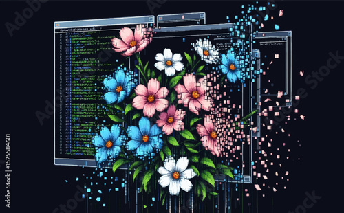 A color illustration of pixel flowers disintegrating into details in front of computer pop-ups in virtual reality on a black background. Vector graphics. EPS.