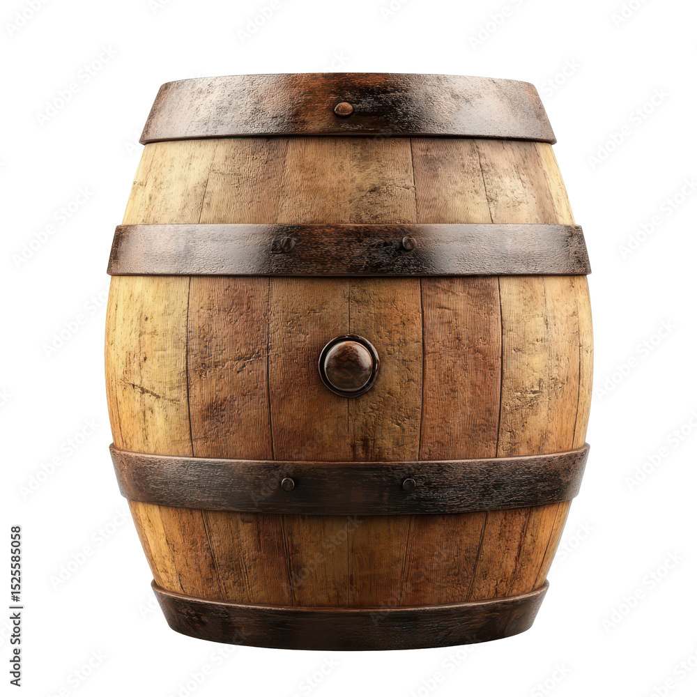 Fototapeta premium Sturdy wooden oak barrel standing alone against Transparent background, Wooden oak barrel isolated on PNG background