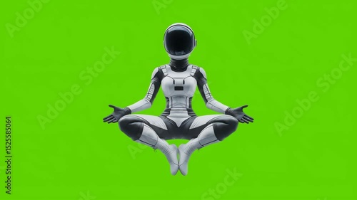 Astronaut woman in a futuristic space suit in the lotus position meditates serenely in zero gravity on a green background