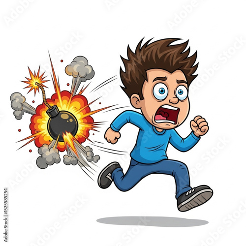  Young man cartoon character screaming and running from bomb explosion vector illustration