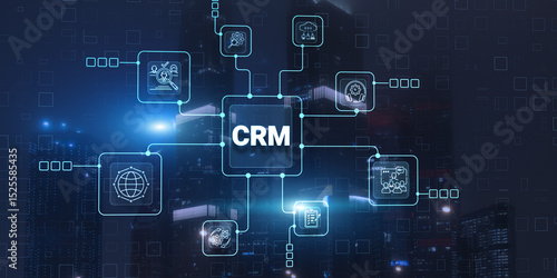CRM. Customer Relationship Management on modern city background