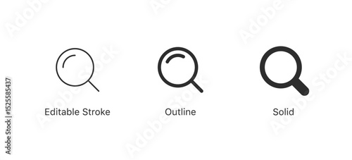 Magnifying glass icon، set of search icons. Perfect for search and exploration. web, research, or detective designs, SEO, research tools, and data exploration visuals. in editable stroke, outline