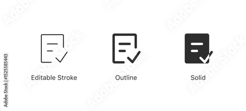 Document checklist icon set showing completed tasks, forms, and approval and task completion. for business, office, or productivity apps, planning tools. in editable stroke, outline, and solid styles
