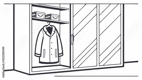 Vector illustration of a modern wardrobe showcasing a coat and storage boxes for interior design