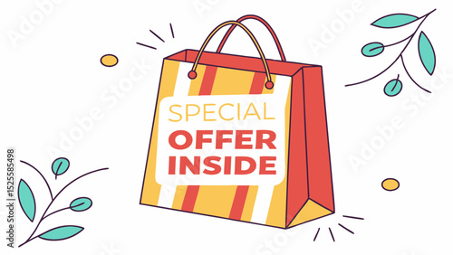 Vibrant vector illustration of a shopping bag announcing a special offer inside for marketing campaigns