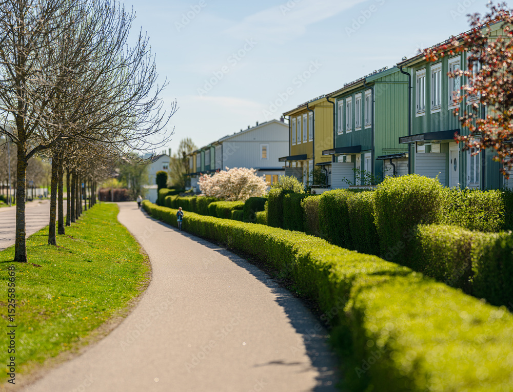 Fototapeta premium Curved pedestrian path next to green hedges.