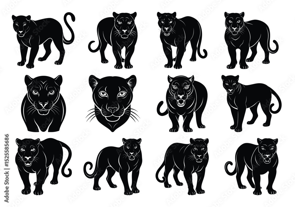 Obraz premium Fifteen panther silhouettes in various poses, big cat vector icons for wildlife branding, tattoo designs, sports mascots, predator illustrations, educational materials, and graphic design projects