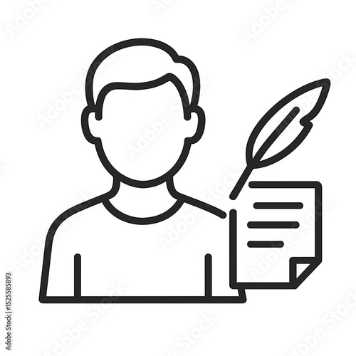 Writer line icon with feather pen and paper representing author or creative writing profession