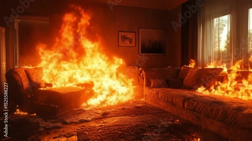 A living room is consumed by a raging fire, with flames spreading across the furniture, carpet, and walls. The intense heat and destruction create a chaotic and dangerous indoor emergency scene.