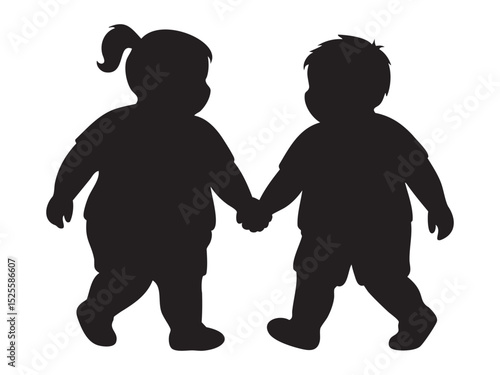 Black silhouette of overweight girl and boy holding hands and walking, isolated on white background, graphic illustration. concept of friendship, childhood, bonding, walking children, best friends