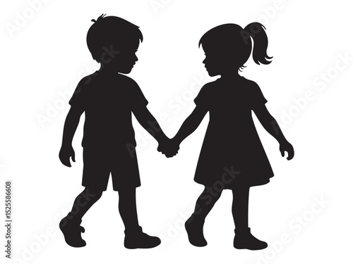 Black Silhouette of young boy and girl holding hands, on white background, graphic illustration. concept of friendship, childhood, kids, icon, walking children, best friends, brother and sister