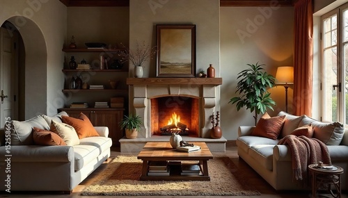Wallpaper Mural Warm, inviting living room with soft lighting, plush textiles, and a crackling fireplace Perfect for relaxation and comfort Ideal for home decor, interior design, and lifestyle websites , cabin, sofa Torontodigital.ca