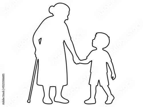 Black outline of an elderly woman walking with child boy, holding hands, isolated on white background, graphic illustration. concept of family, care, love, grandmother and grandson, icon