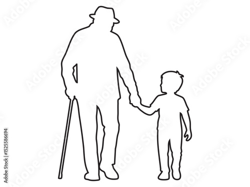Black outline of an elderly man with a cane walking with child boy holding hands, isolated on white background, illustration. concept of family, generations, bond, care, grandfather and grandson