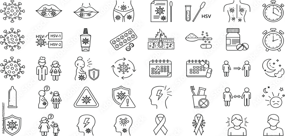 Herpes virus line icon set. Vector pictograms of genital, oral, lips, rash, swab, test, diagnosis, pill, medicine, cream, protection, condom, hygiene, sunlight, awareness, thin linear illustration. Herpes virus line icon set. Vector pictograms of genital, oral, lips, rash, swab, test, diagnosis, pill, medicine, cream, protection, condom, hygiene, sunlight, awareness, thin linear illustration.