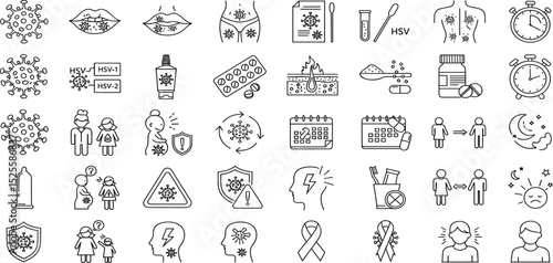 Herpes virus line icon set. Vector pictograms of genital, oral, lips, rash, swab, test, diagnosis, pill, medicine, cream, protection, condom, hygiene, sunlight, awareness, thin linear illustration.