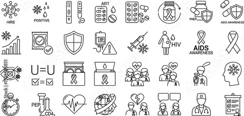HIV medical AIDS line icon set. Vector pictograms of virus, positive, negative, medication, ribbon, doctor, support, protection, healthcare, tablet, capsule, test, thin linear illust
