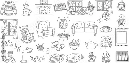 Hygge Lifestyle line icon set. Vector pictograms of cozy comfort-focused living, warm interiors, sweater, sofa, knitted, scarf, cinnamon roll, rocking chair, fireplace thin linear illustration.