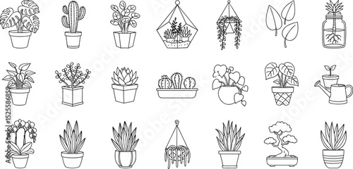 Houseplants line icon set. Vector pictograms of indoor plants, succulents, monstera, cactus in pot, bonsai, aloe vera, orchid, philodendron, peace lily thin linear illustration