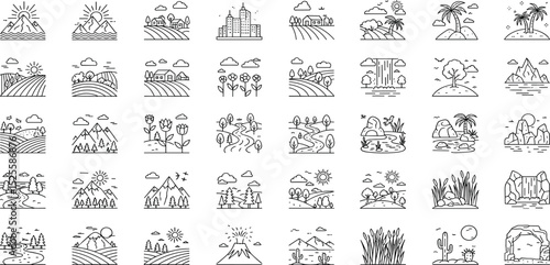  Landscapes line icon set. Vector pictograms of natural and urban scenery, mountain, beach, forest, desert, waterfall, cityscape, canyon thin linear illustration