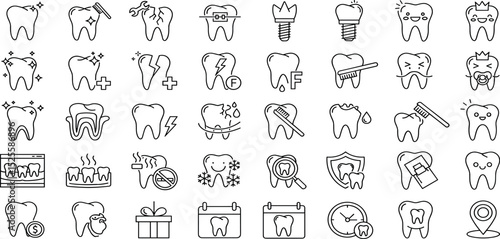 Medical dental care line icon set. Vector pictograms of braces, implants, cavities, toothbrush, hygiene, gum, mouthwash, whitening treatments, tooth crown and root, thin linear illustration