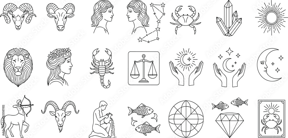 Zodiac line icon set. Vector pictograms of Aries, Taurus, Gemini, Cancer, Leo, zodiac, astrology, horoscope, Virgo, Libra, Scorpio, Sagittarius, Capricorn, Aquarius, Pisces, thin linear illustration Zodiac line icon set. Vector pictograms of Aries, Taurus, Gemini, Cancer, Leo, zodiac, astrology, horoscope, Virgo, Libra, Scorpio, Sagittarius, Capricorn, Aquarius, Pisces, thin linear illustration