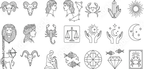 Zodiac line icon set. Vector pictograms of Aries, Taurus, Gemini, Cancer, Leo, zodiac, astrology, horoscope, Virgo, Libra, Scorpio, Sagittarius, Capricorn, Aquarius, Pisces, thin linear illustration